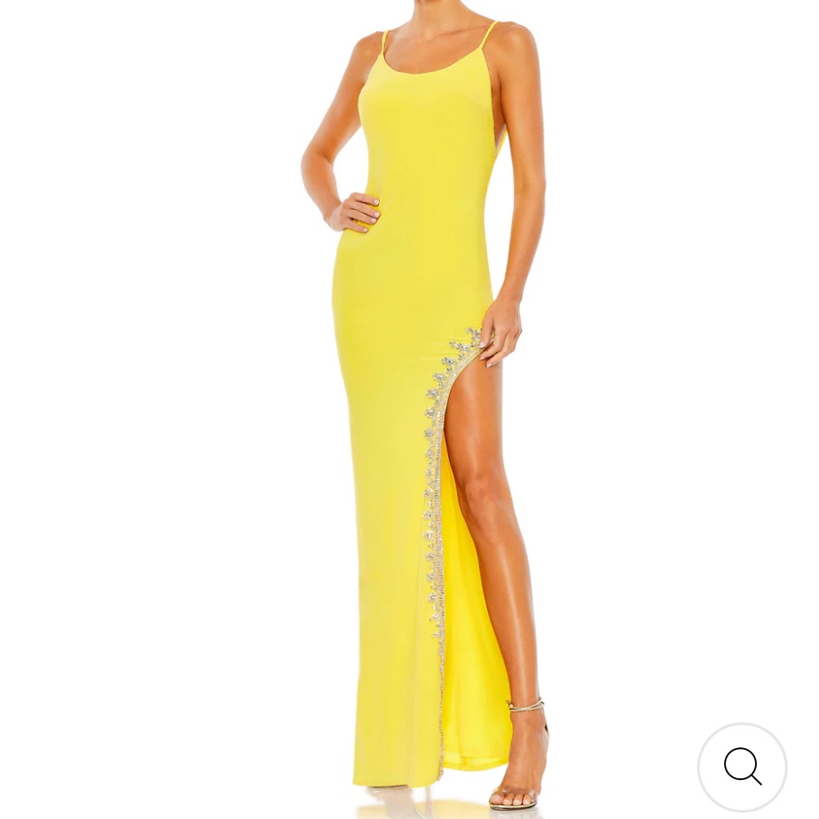 Mac Duggal Nwt Rhinestone Encrusted Side Slit Cami Bodycon Gown 8 Yellow